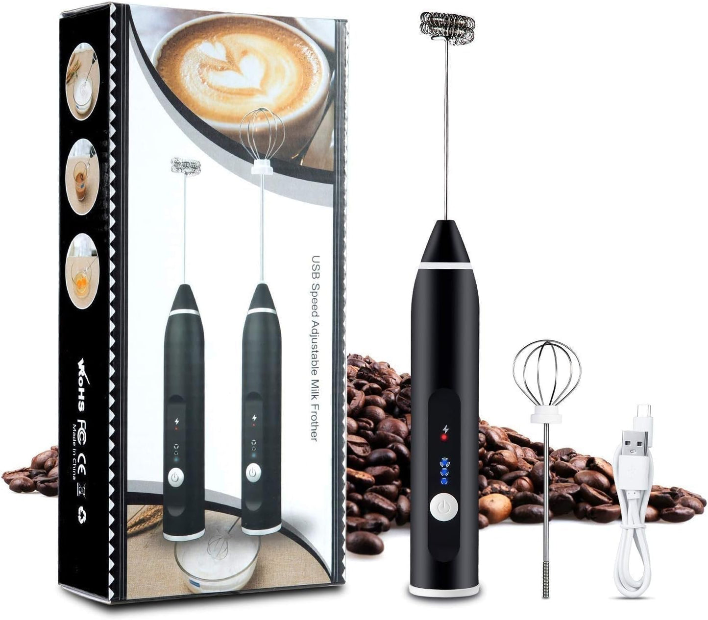 USB Rechargeable 3-Speed Milk Frother with Dual Whisks